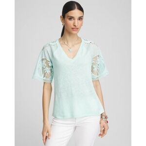 Chicos Womens‎ Linen Crochet Lace Short Sleeve Tee Size Large Teal Waters